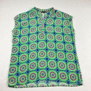 Lauren Gold Silk Sleeveless Blouse Vibrant Geometric Colorful Top V-Neck XS
